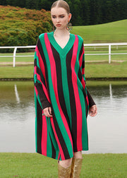 Fine Red V Neck Striped Woolen Long Sweater Dress Long Sleeve