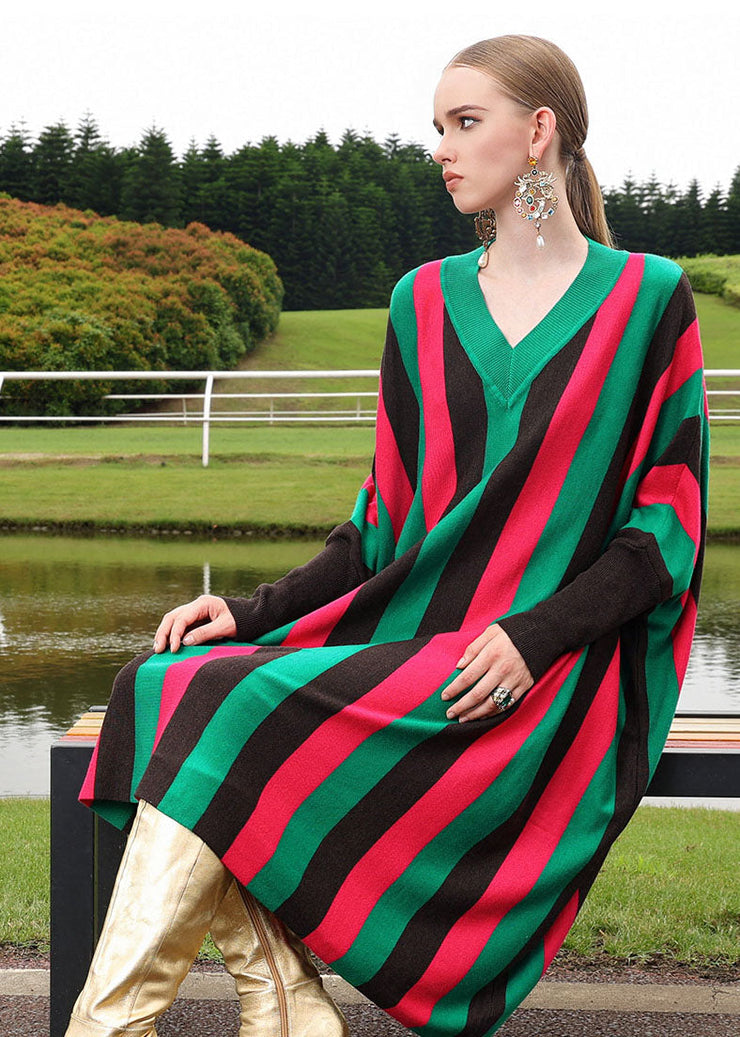 Fine Red V Neck Striped Woolen Long Sweater Dress Long Sleeve