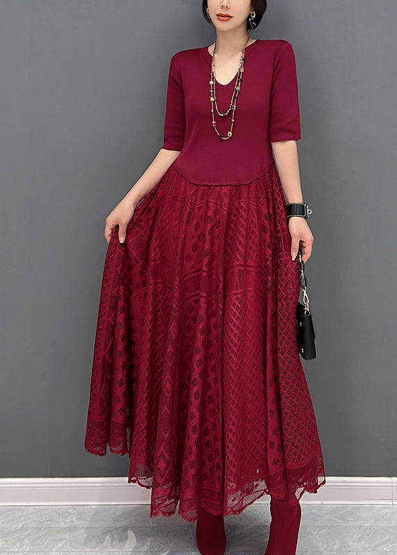 Fine Red V Neck Tulle Patchwork Maxi Dress Fall