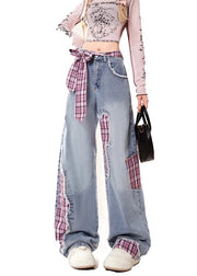 Fine Rose Asymmetrical Patchwork Denim Straight Pants Spring