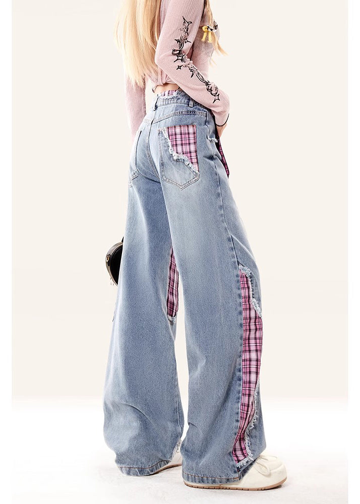 Fine Rose Asymmetrical Patchwork Denim Straight Pants Spring