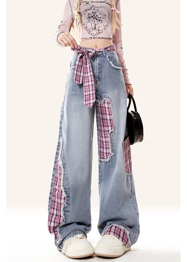 Fine Rose Asymmetrical Patchwork Denim Straight Pants Spring