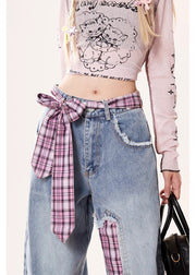 Fine Rose Asymmetrical Patchwork Denim Straight Pants Spring