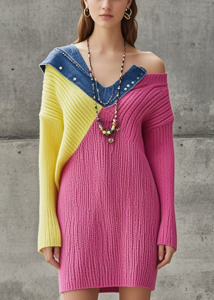 Fine Rose One Shoulder Patchwork Denim Knitwear Dress Fall