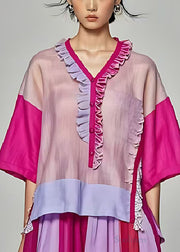 Fine Rose Ruffled Patchwork Cotton Shirt Tops Summer