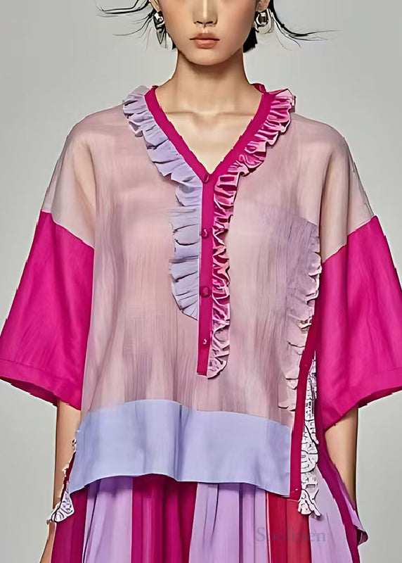 Fine Rose Ruffled Patchwork Cotton Shirt Tops Summer