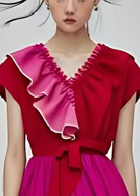 Fine Rose Ruffled Patchwork Silm Fit Chiffon Dresses Summer