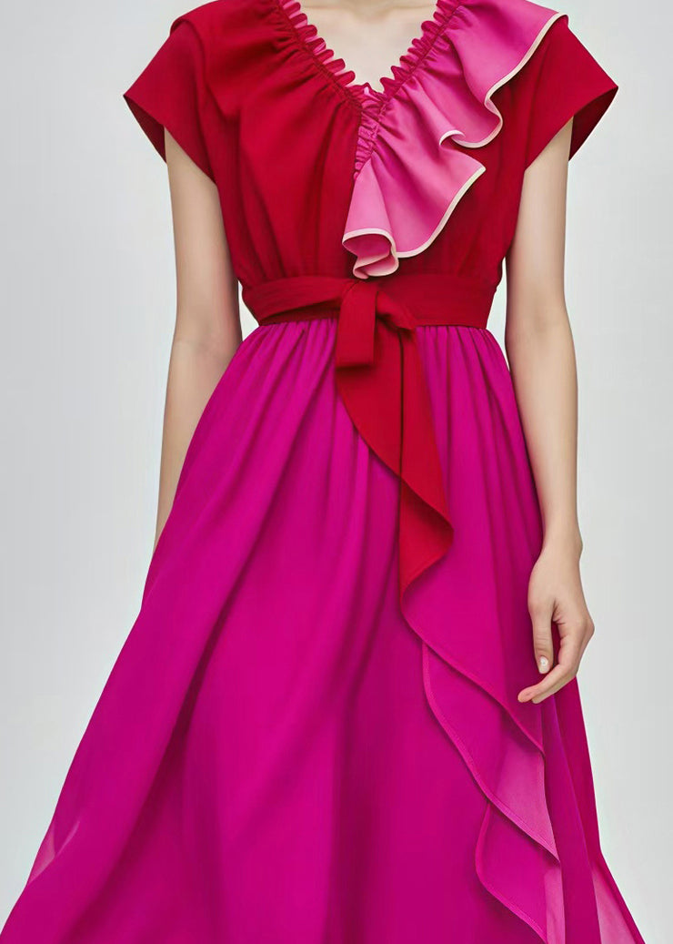 Fine Rose Ruffled Patchwork Silm Fit Chiffon Dresses Summer