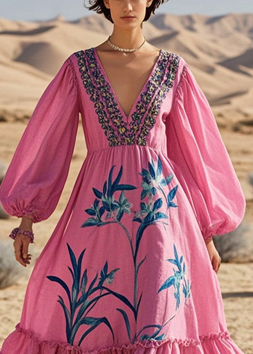 Fine Rose Ruffled Print Cotton Ankle Dress Spring