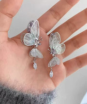 Fine Silk Copper Zircon Butterfly Hollow Out Stud Earrings