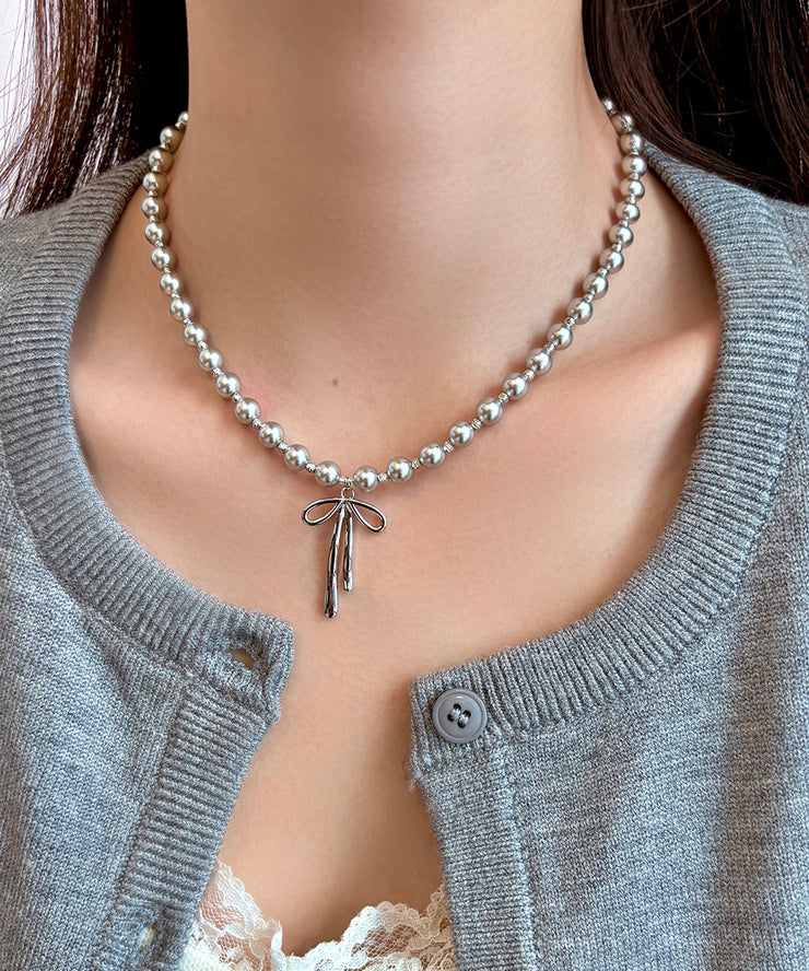 Fine Silk Stainless Steel Pearl Bow Pendant Necklace