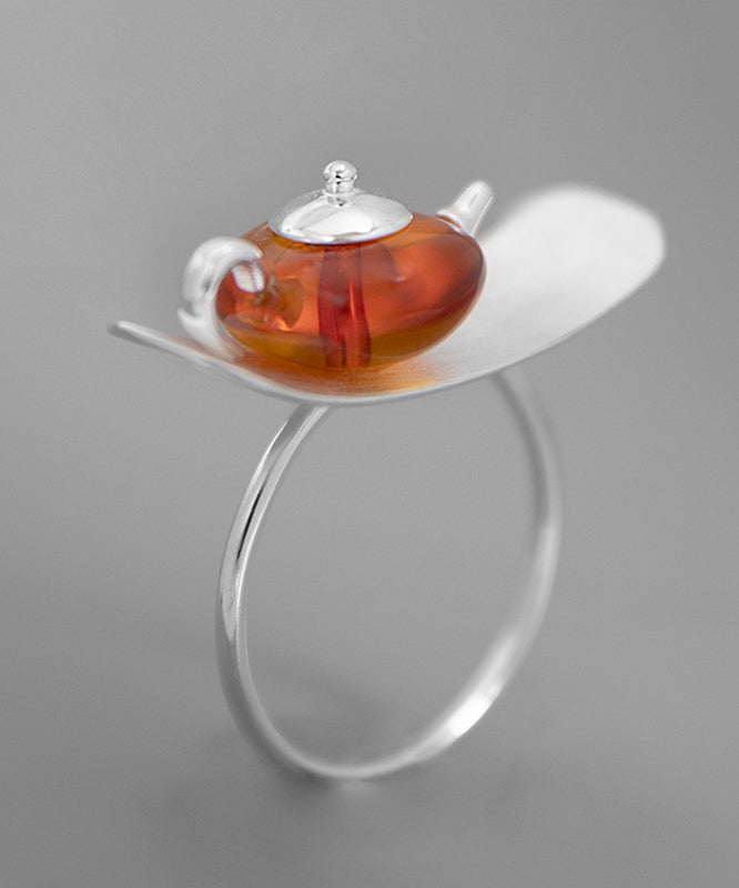 Fine Silk Sterling Silver Amber Teapot Rings
