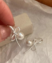 Fine Silk Sterling Silver Bow Pearl Hoop Earrings