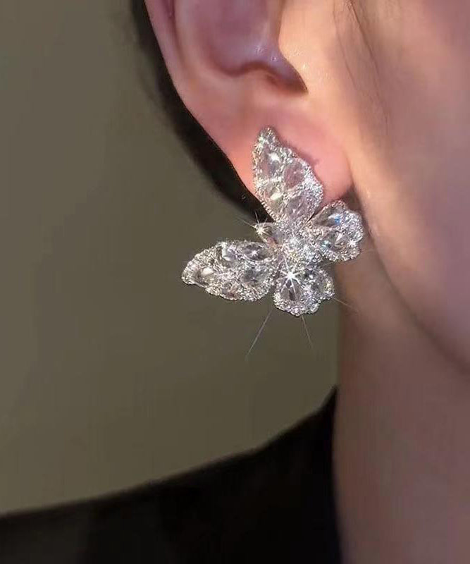 Fine Silk Sterling Silver Butterfly Zircon Stud Earrings