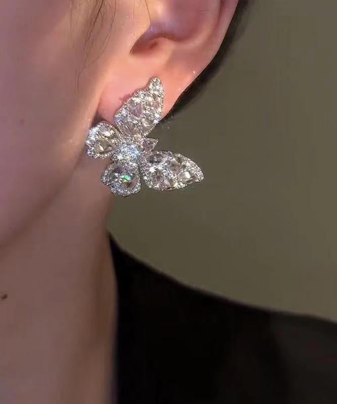 Fine Silk Sterling Silver Butterfly Zircon Stud Earrings