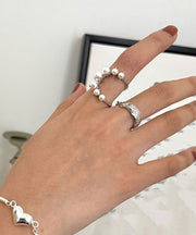 Fine Silk Sterling Silver Pearl Two Piece Set Rings