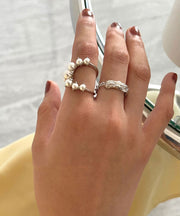 Fine Silk Sterling Silver Pearl Two Piece Set Rings