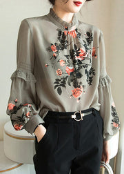 Fine Stand Collar Print Ruffles Chiffon Tops Bottoming Shirt