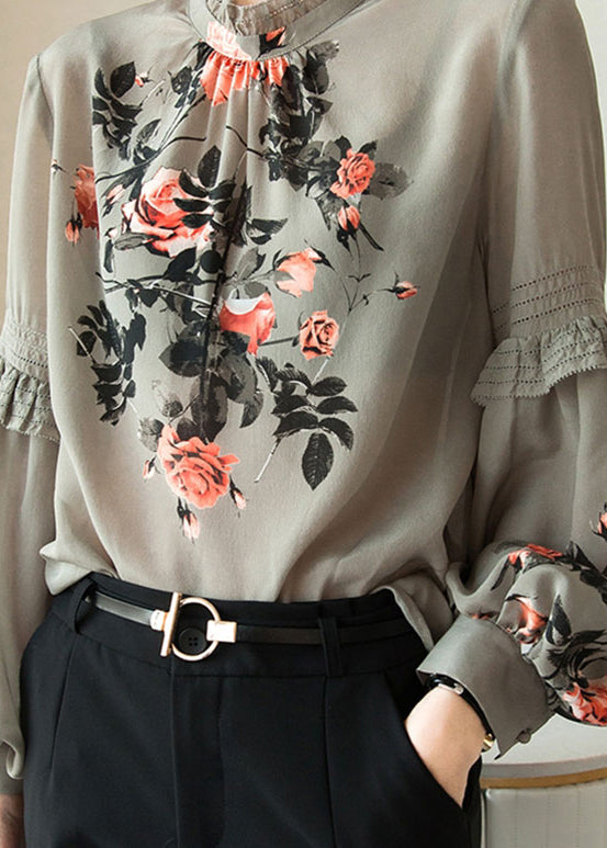 Fine Stand Collar Print Ruffles Chiffon Tops Bottoming Shirt