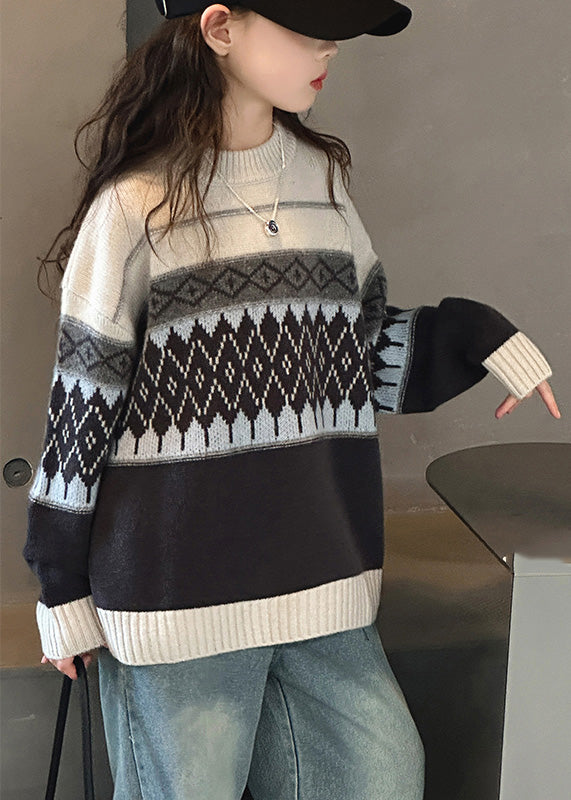 Fine Striped Plaid Patchwork Cotton Knit Girls Sweater Spring