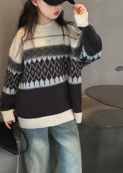 Fine Striped Plaid Patchwork Cotton Knit Girls Sweater Spring