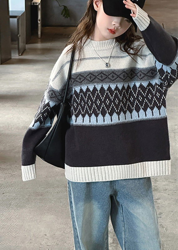 Fine Striped Plaid Patchwork Cotton Knit Girls Sweater Spring