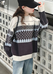 Fine Striped Plaid Patchwork Cotton Knit Girls Sweater Spring