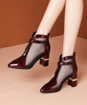 Fine Tulle Splicing Chunky Heel Boots Mulberry Cowhide Leather