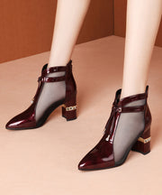 Fine Tulle Splicing Chunky Heel Boots Mulberry Cowhide Leather