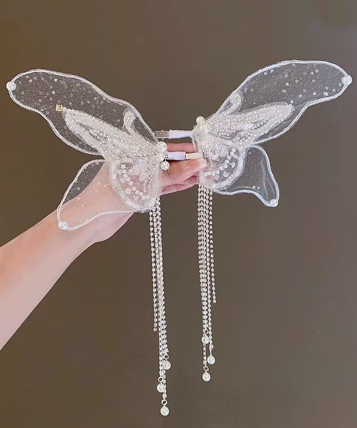 Fine White Alloy Butterfly Tulle Pearl Tassel Kids Hairpin