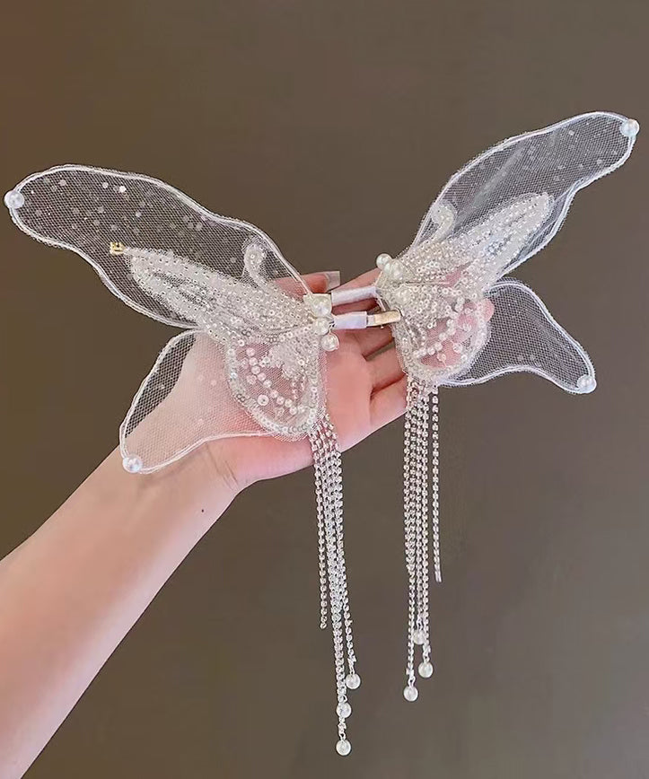 Fine White Alloy Butterfly Tulle Pearl Tassel Kids Hairpin