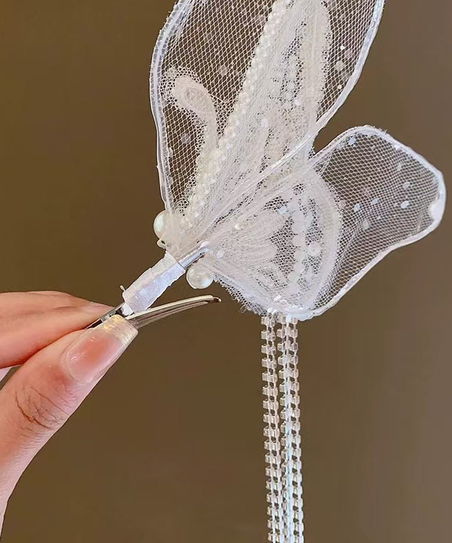 Fine White Alloy Butterfly Tulle Pearl Tassel Kids Hairpin