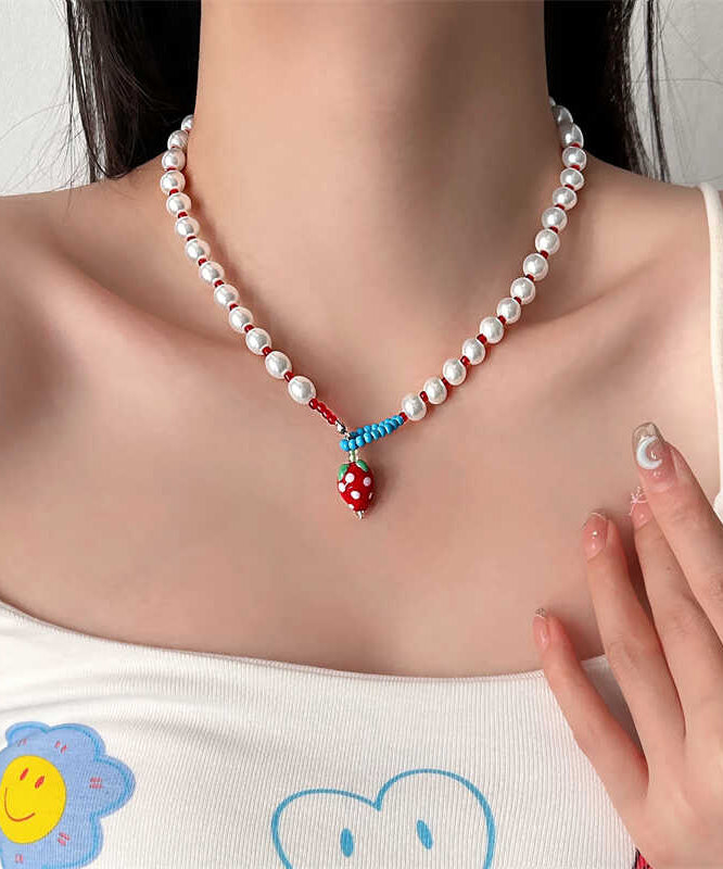 Fine White Alloy Resin Beading Strawberries Pendant Necklace