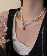 Fine White Alloy Resin Beading Strawberries Pendant Necklace