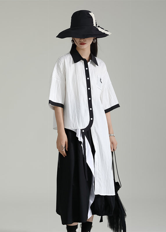 Fine White Asymmetrical Patchwork Cotton Shirts Tops Summer