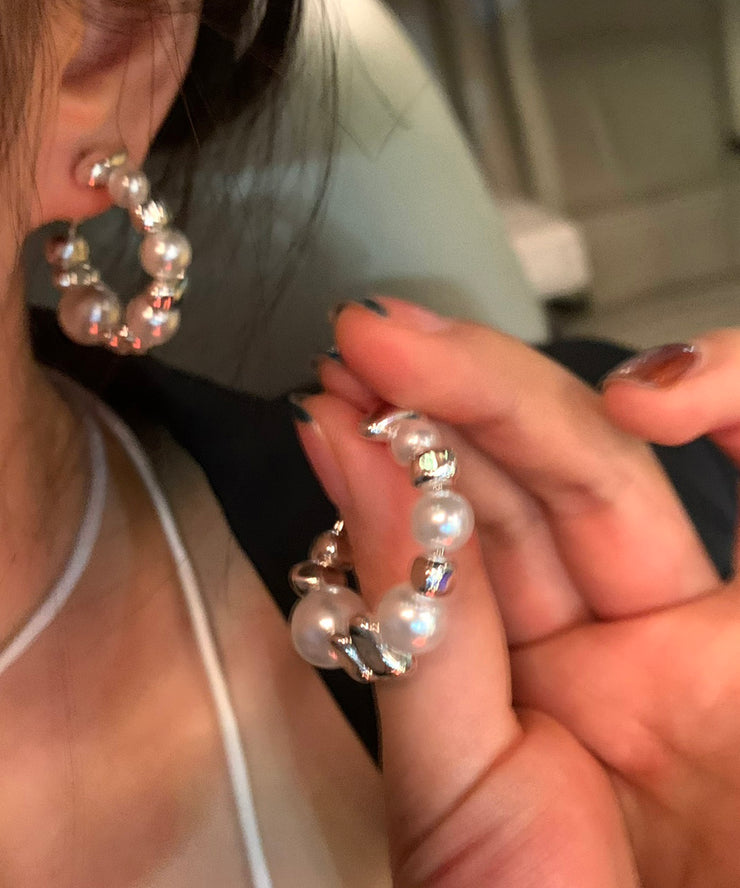 Fine White Copper Alloy Pearl Broken Silver Hoop Earrings