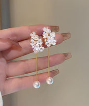 Fine White Copper Alloy Zircon Pearl Floral Tassel Drop Earrings