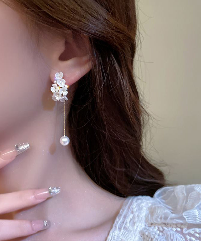 Fine White Copper Alloy Zircon Pearl Floral Tassel Drop Earrings