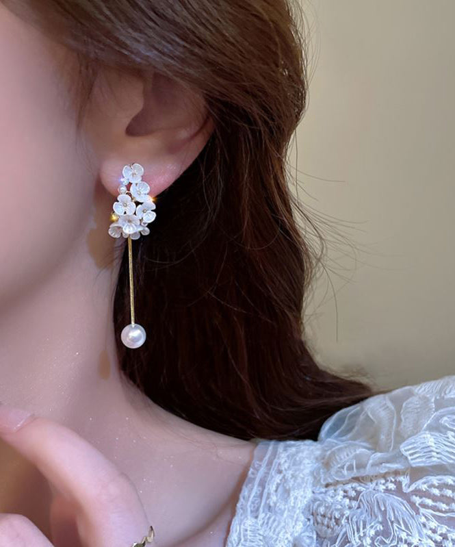 Fine White Copper Alloy Zircon Pearl Floral Tassel Drop Earrings