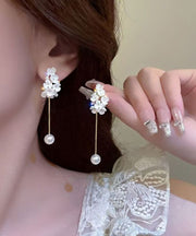 Fine White Copper Alloy Zircon Pearl Floral Tassel Drop Earrings