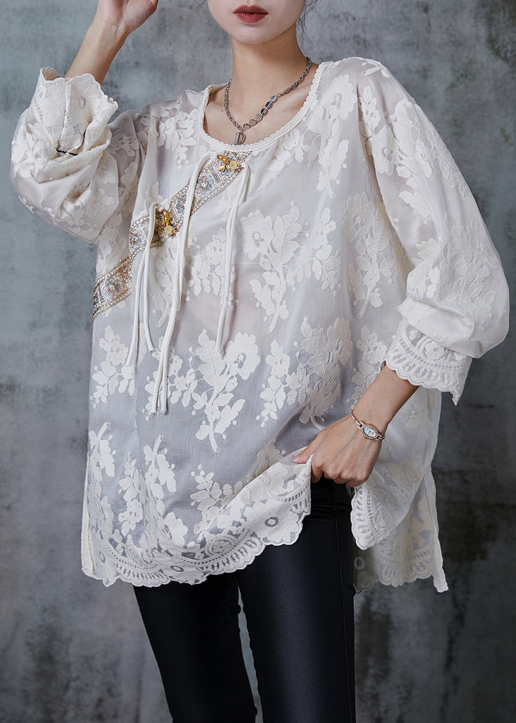 Fine White Embroidered Chinese Button Cotton Shirt Top Summer