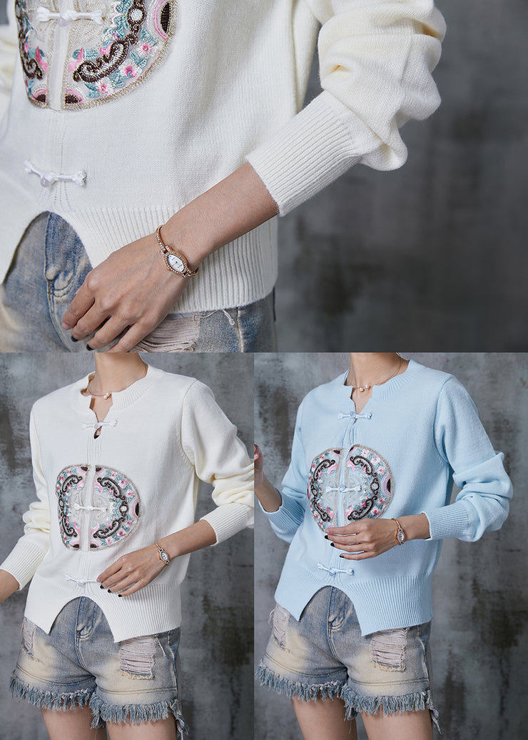 Fine White Embroidered Chinese Button Knitted Tops Fall