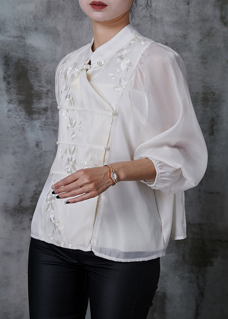 Fine White Embroidered Nail Bead Silk Blouses Summer