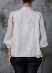 Fine White Embroidered Nail Bead Silk Blouses Summer