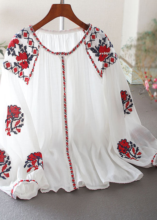 Fine White Embroidered Oversized Cotton Top Lantern Sleeve