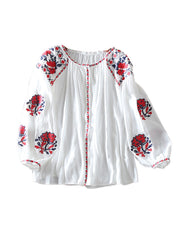 Fine White Embroidered Oversized Cotton Top Lantern Sleeve