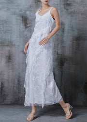 Fine White Embroidered Side Open Tulle Spaghetti Strap Dress Summer