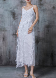 Fine White Embroidered Side Open Tulle Spaghetti Strap Dress Summer