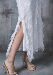 Fine White Embroidered Side Open Tulle Spaghetti Strap Dress Summer