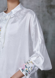 Fine White Embroidered Tasseled Silk Oriental Shirts Spring